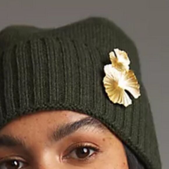 Anthropologie NWT Olive
Moss Green Knit
Embellished Floral Beanie main image 6